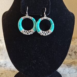 Timeless Turquoise 1" Hoop Earrings Hook Loop Bright‎ Silver Framing